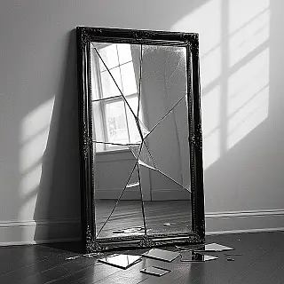 Gebroken spiegel, conceptuele fotokunst, minimalistisch esthetiek, dramatische hoek perspectief, dramatisch belichting, monochroom kleurenschema, dromerig sfeer, galerij-kwaliteit afdruk, museumtentoonstelling esthetiek, professionele kunstfotografie, symbolische elementen, artistiek narratief, archiefkwaliteit afdruk, gedachteprikkelende compositie