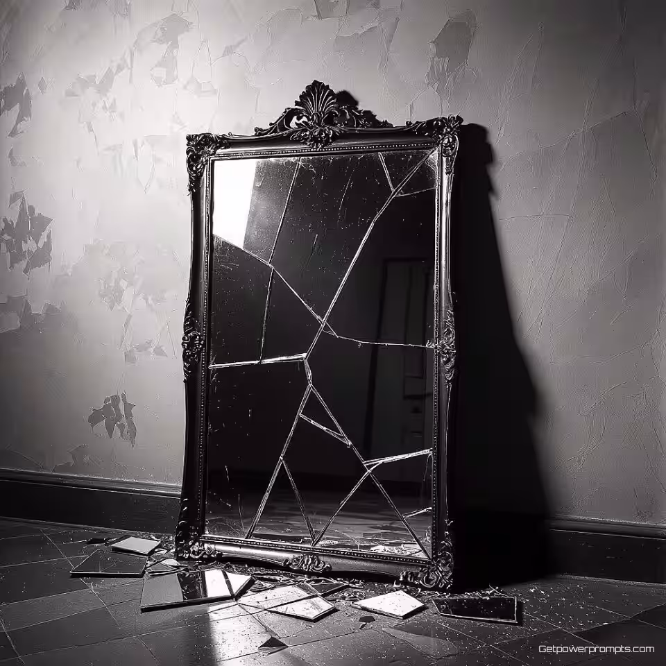 Gebroken spiegel, conceptuele fotokunst, surrealistisch esthetiek, dramatische hoek perspectief, dramatisch belichting, monochroom kleurenschema, dromerig sfeer, galerij-kwaliteit afdruk, museumtentoonstelling esthetiek, professionele kunstfotografie, symbolische elementen, artistiek narratief, archiefkwaliteit afdruk, gedachteprikkelende compositie