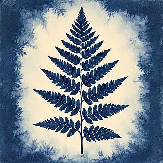 Varenbladeren, cyanotype afdruk, gedetailleerd esthetiek, gecentreerde compositie perspectief, monochroom blauw palet kleurenschema, waterverfpapier achtergrond, alternatief fotografisch proces, galerij kwaliteit afdruk, museum tentoonstelling esthetiek, archief kunstafdruk, handgemaakt fotografisch proces, Pruisisch blauwe tonen, vintage fotografische techniek, fijne kunst fotografie