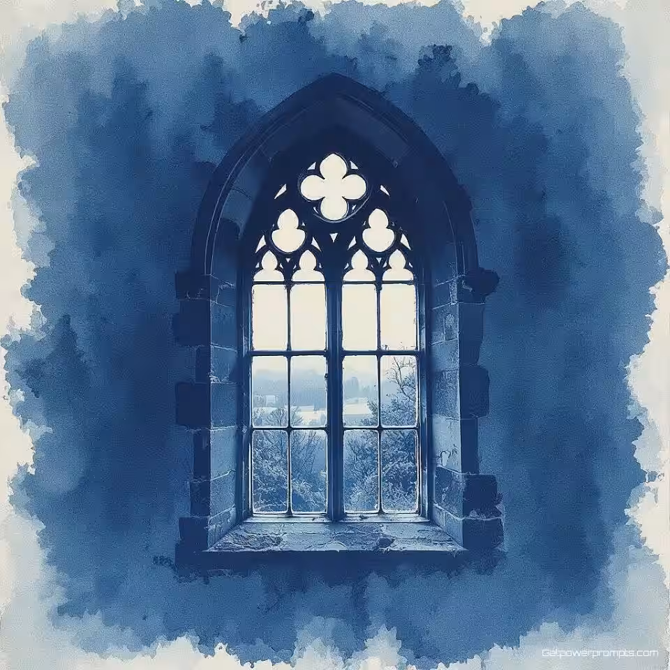 Gotisch raam, cyanotype afdruk, minimalistisch esthetiek, gecentreerde compositie perspectief, monochroom blauw palet kleurenschema, waterverfpapier achtergrond, alternatief fotografisch proces, galerij kwaliteit afdruk, museum tentoonstelling esthetiek, archief kunstafdruk, handgemaakt fotografisch proces, Pruisisch blauwe tonen, vintage fotografische techniek, fijne kunst fotografie