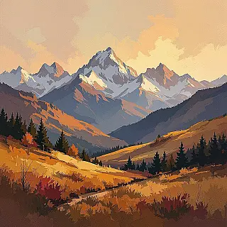 Berglandschap, digitale schildering, expressionistisch stijl, close-up perspectief, warme aardetinten kleurenschema, olieverfachtig techniek, galeriekwaliteit afdruk, museumtentoonstelling esthetiek, professioneel digitaal kunstwerk, artistiek penseelwerk, archiefkwaliteit afdruk, expressieve penseelstreken, schone kunsten esthetiek