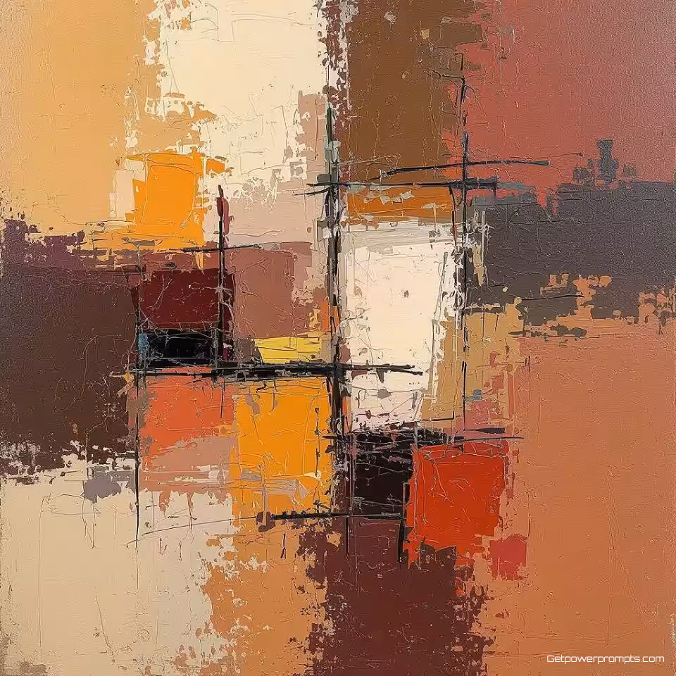 Abstracte compositie, digitale schildering, impressionistisch stijl, close-up perspectief, warme aardetinten kleurenschema, olieverfachtig techniek, galeriekwaliteit afdruk, museumtentoonstelling esthetiek, professioneel digitaal kunstwerk, artistiek penseelwerk, archiefkwaliteit afdruk, expressieve penseelstreken, schone kunsten esthetiek
