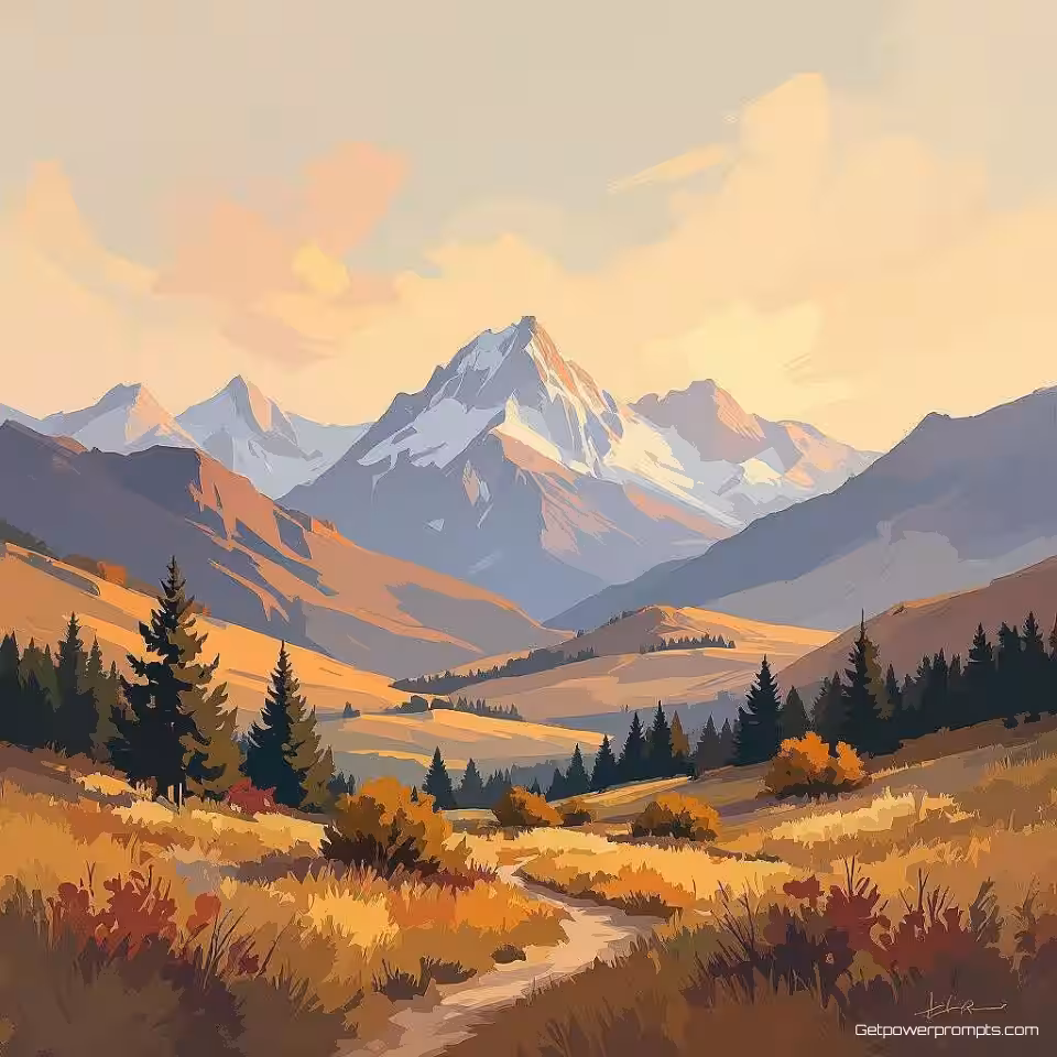 Berglandschap, digitale schildering, impressionistisch stijl, close-up perspectief, warme aardetinten kleurenschema, olieverfachtig techniek, galeriekwaliteit afdruk, museumtentoonstelling esthetiek, professioneel digitaal kunstwerk, artistiek penseelwerk, archiefkwaliteit afdruk, expressieve penseelstreken, schone kunsten esthetiek