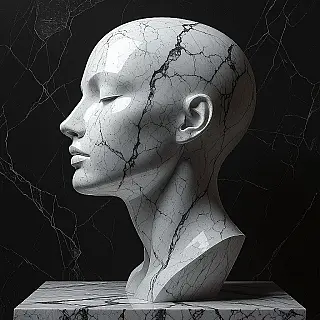 Abstracte menselijke vorm, digitale beeldhouwkunst, minimalistisch esthetiek, driekwart aanzicht perspectief, dramatische zijverlichting verlichting, monochroom kleurenschema, gepolijst marmer textuur, galerij kwaliteit print, museumtentoonstelling esthetiek, professioneel digitaal kunstwerk, driedimensionale vorm, archiefkwaliteit print, artistiek volume, hedendaagse beeldhouwkunst esthetiek