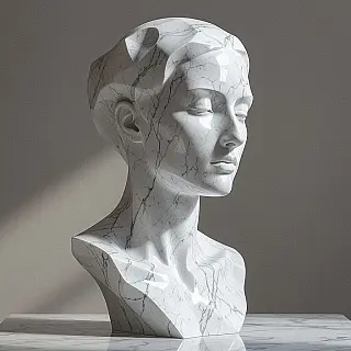 Abstracte menselijke vorm, digitale beeldhouwkunst, hedendaags esthetiek, driekwart aanzicht perspectief, dramatische zijverlichting verlichting, monochroom kleurenschema, gepolijst marmer textuur, galerij kwaliteit print, museumtentoonstelling esthetiek, professioneel digitaal kunstwerk, driedimensionale vorm, archiefkwaliteit print, artistiek volume, hedendaagse beeldhouwkunst esthetiek