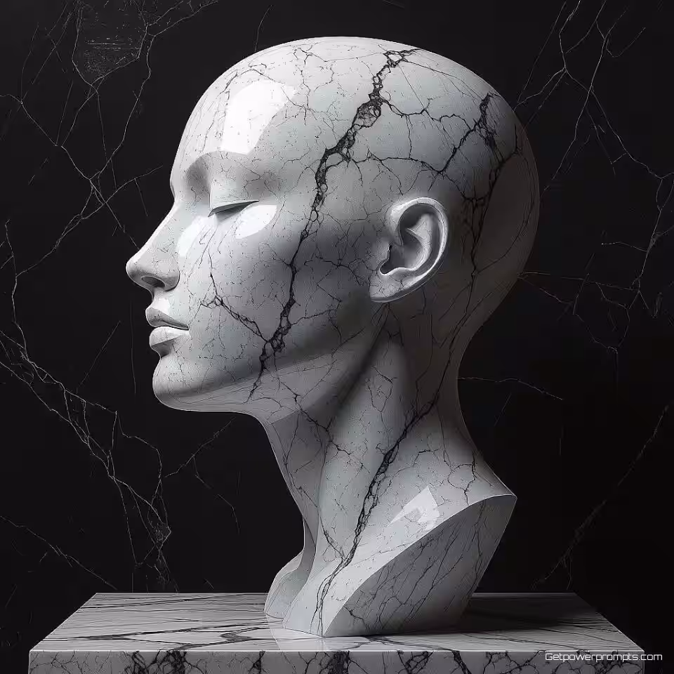 Abstracte menselijke vorm, digitale beeldhouwkunst, minimalistisch esthetiek, driekwart aanzicht perspectief, dramatische zijverlichting verlichting, monochroom kleurenschema, gepolijst marmer textuur, galerij kwaliteit print, museumtentoonstelling esthetiek, professioneel digitaal kunstwerk, driedimensionale vorm, archiefkwaliteit print, artistiek volume, hedendaagse beeldhouwkunst esthetiek