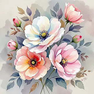 Botanische bloemen, digitale aquarel kunst, impressionistisch esthetiek, close-up perspectief, pasteltinten kleurenschema, nat-in-nat techniek, galerij kwaliteit print, museum tentoonstelling esthetiek, professioneel digitaal kunstwerk, archiefkwaliteit print, artistieke penseelstreken, schone kunsten esthetiek, transparante aquarellagen, handgemaakt papier textuur