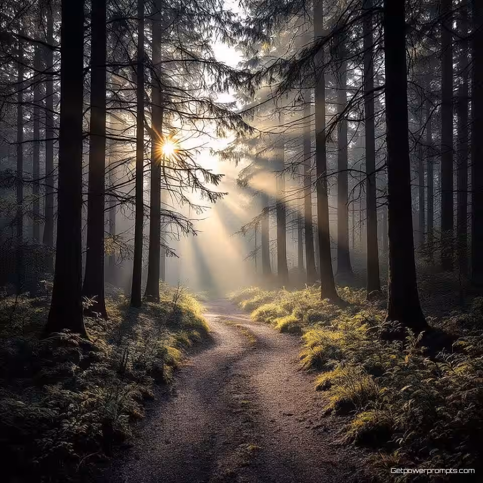 Mistig bospad met zonlicht dat door bomen filtert, fotokunst landschapsfotografie, dramatisch zwart-wit stijl, groothoek panoramisch perspectief, gouden uur warm licht belichting, aards en natuurlijk kleurenschema, serene en vredig sfeer, galerij kwaliteit print, museumtentoonstelling esthetiek, professionele kunstfotografie, dramatisch natuurlijk licht, artistieke landschapscompositie, archiefkwaliteit print