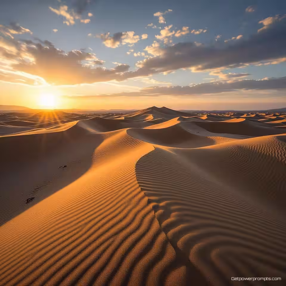 Zandduinen tijdens gouden uur met dramatische schaduwen, fotokunst landschapsfotografie, dramatisch zwart-wit stijl, groothoek panoramisch perspectief, gouden uur warm licht belichting, aards en natuurlijk kleurenschema, serene en vredig sfeer, galerij kwaliteit print, museumtentoonstelling esthetiek, professionele kunstfotografie, dramatisch natuurlijk licht, artistieke landschapscompositie, archiefkwaliteit print