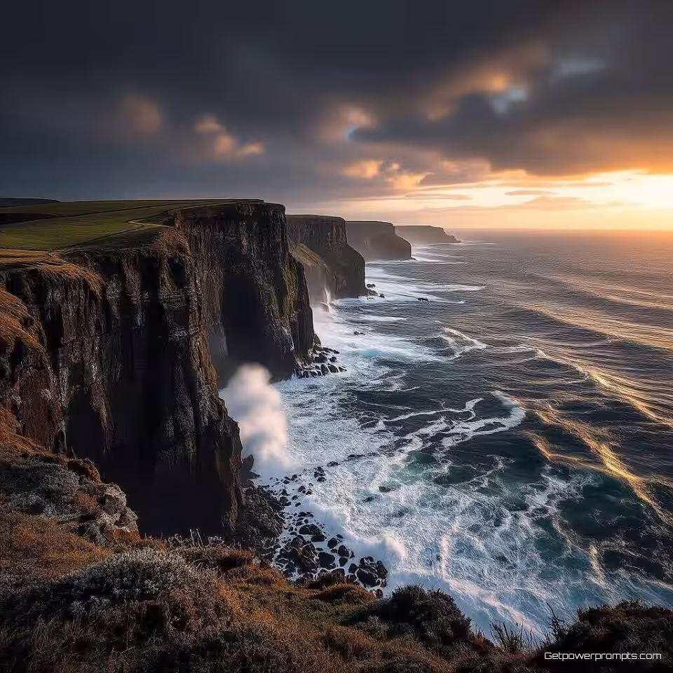 Dramatische kustkliffen met oceaangolven, fotokunst landschapsfotografie, dramatisch zwart-wit stijl, groothoek panoramisch perspectief, gouden uur warm licht belichting, aards en natuurlijk kleurenschema, serene en vredig sfeer, galerij kwaliteit print, museumtentoonstelling esthetiek, professionele kunstfotografie, dramatisch natuurlijk licht, artistieke landschapscompositie, archiefkwaliteit print