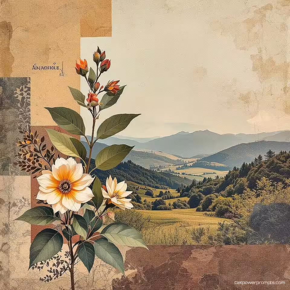 Botanische elementen, mixed media digitale collage, hedendaags esthetiek, gelaagde compositie perspectief, aards kleurenschema kleurenschema, papiertextuur textuur, dromerige sfeer atmosfeer, galeriekwaliteit print, museumtentoonstelling esthetiek, professioneel digitaal kunstwerk, gelaagde compositie, archiefkwaliteit print, artistieke fusie