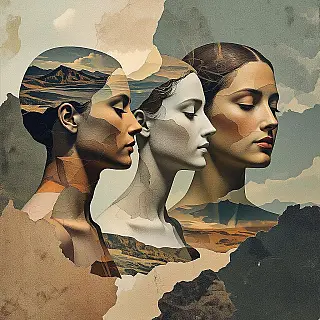 Abstracte menselijke vormen, mixed media digitale collage, surrealistisch esthetiek, gelaagde compositie perspectief, aards kleurenschema kleurenschema, papiertextuur textuur, dromerige sfeer atmosfeer, galeriekwaliteit print, museumtentoonstelling esthetiek, professioneel digitaal kunstwerk, gelaagde compositie, archiefkwaliteit print, artistieke fusie