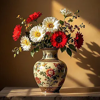 Antieke vaas met bloemen, fijn kunst stilleven fotografie, moderne fijn kunst fotografie stijl, symmetrische compositie perspectief, diffuus natuurlijk licht belichting, zwart-wit en grijstinten kleurenschema, vredige en serene sfeer atmosfeer, galerij kwaliteit afdruk, museum tentoonstelling esthetiek, professionele kunstfotografie, zorgvuldig samengestelde compositie, tijdloze elegantie, archiefkwaliteit afdruk, subtiele texturen, artistieke opstelling