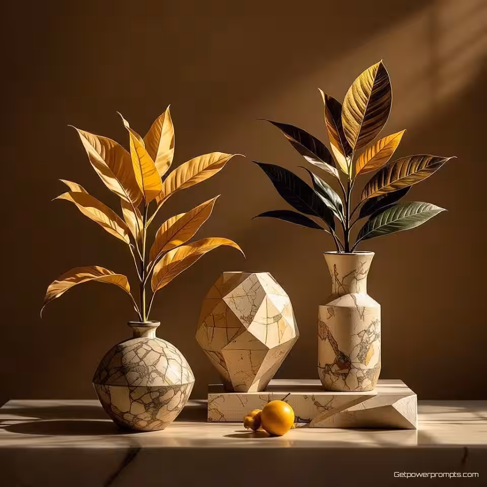 Geometrische objecten en planten, fijn kunst stilleven fotografie, oude meester schilderstijl stijl, symmetrische compositie perspectief, diffuus natuurlijk licht belichting, zwart-wit en grijstinten kleurenschema, vredige en serene sfeer atmosfeer, galerij kwaliteit afdruk, museum tentoonstelling esthetiek, professionele kunstfotografie, zorgvuldig samengestelde compositie, tijdloze elegantie, archiefkwaliteit afdruk, subtiele texturen, artistieke opstelling