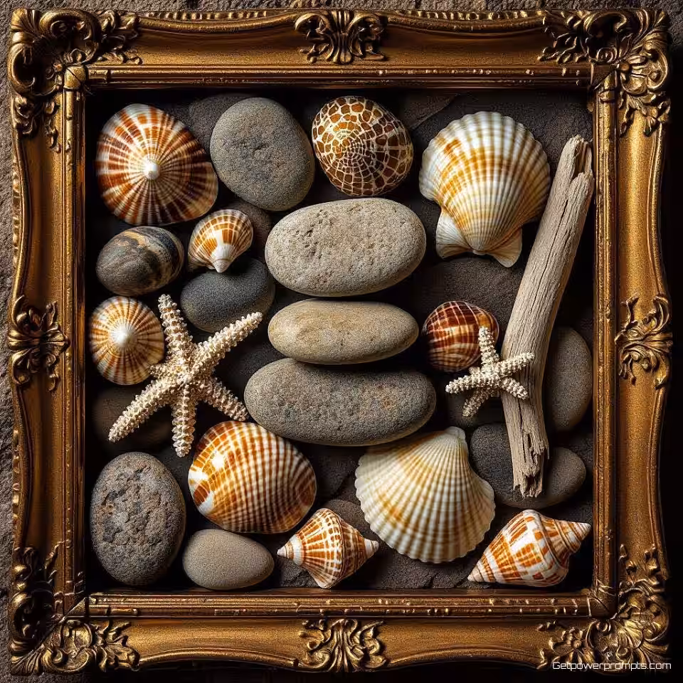 Stenen, schelpen en drijfhout, fijn kunst stilleven fotografie, oude meester schilderstijl stijl, symmetrische compositie perspectief, diffuus natuurlijk licht belichting, zwart-wit en grijstinten kleurenschema, vredige en serene sfeer atmosfeer, galerij kwaliteit afdruk, museum tentoonstelling esthetiek, professionele kunstfotografie, zorgvuldig samengestelde compositie, tijdloze elegantie, archiefkwaliteit afdruk, subtiele texturen, artistieke opstelling