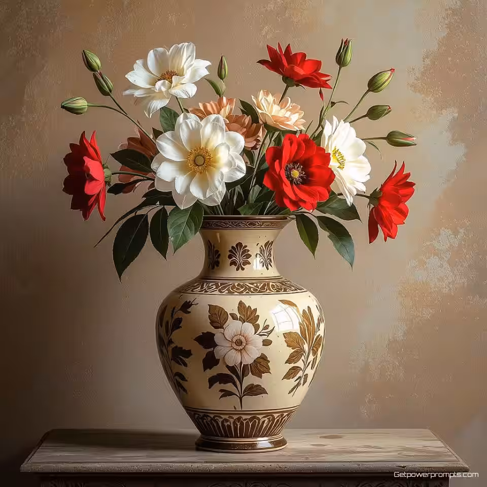 Antieke vaas met bloemen, fijn kunst stilleven fotografie, oude meester schilderstijl stijl, symmetrische compositie perspectief, diffuus natuurlijk licht belichting, zwart-wit en grijstinten kleurenschema, vredige en serene sfeer atmosfeer, galerij kwaliteit afdruk, museum tentoonstelling esthetiek, professionele kunstfotografie, zorgvuldig samengestelde compositie, tijdloze elegantie, archiefkwaliteit afdruk, subtiele texturen, artistieke opstelling