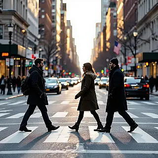 Stedelijke voetgangers die de straat oversteken, straatfotografie kunst, documentaire fotografie esthetiek, groothoek perspectief perspectief, natuurlijk daglicht belichting, zwart-wit contrast kleurenschema, nostalgische sfeer atmosfeer, galerij kwaliteit print, museumtentoonstelling esthetiek, professionele kunstfotografie, spontane stedelijke momenten, archiefkwaliteit print, documentaire kunst esthetiek, straatleven compositie