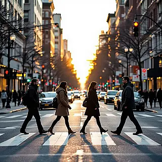 Stedelijke voetgangers die de straat oversteken, straatfotografie kunst, cinematische esthetiek esthetiek, groothoek perspectief perspectief, natuurlijk daglicht belichting, zwart-wit contrast kleurenschema, nostalgische sfeer atmosfeer, galerij kwaliteit print, museumtentoonstelling esthetiek, professionele kunstfotografie, spontane stedelijke momenten, archiefkwaliteit print, documentaire kunst esthetiek, straatleven compositie