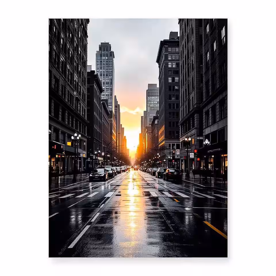 Regenachtige stadsstraat, fijne kunst stadsfotografie, monochrome fijne kunst stijl, groothoek stadsbeeld perspectief, gouden uur belichting belichting, monochroom kleurenschema kleurenschema, dramatische stadsatmosfeer sfeer, galerij kwaliteit print, museumtentoonstelling esthetiek, professionele kunstfotografie, stadslandschap compositie, architectonische details, archiefkwaliteit printkwaliteit, dramatische stadsatmosfeer