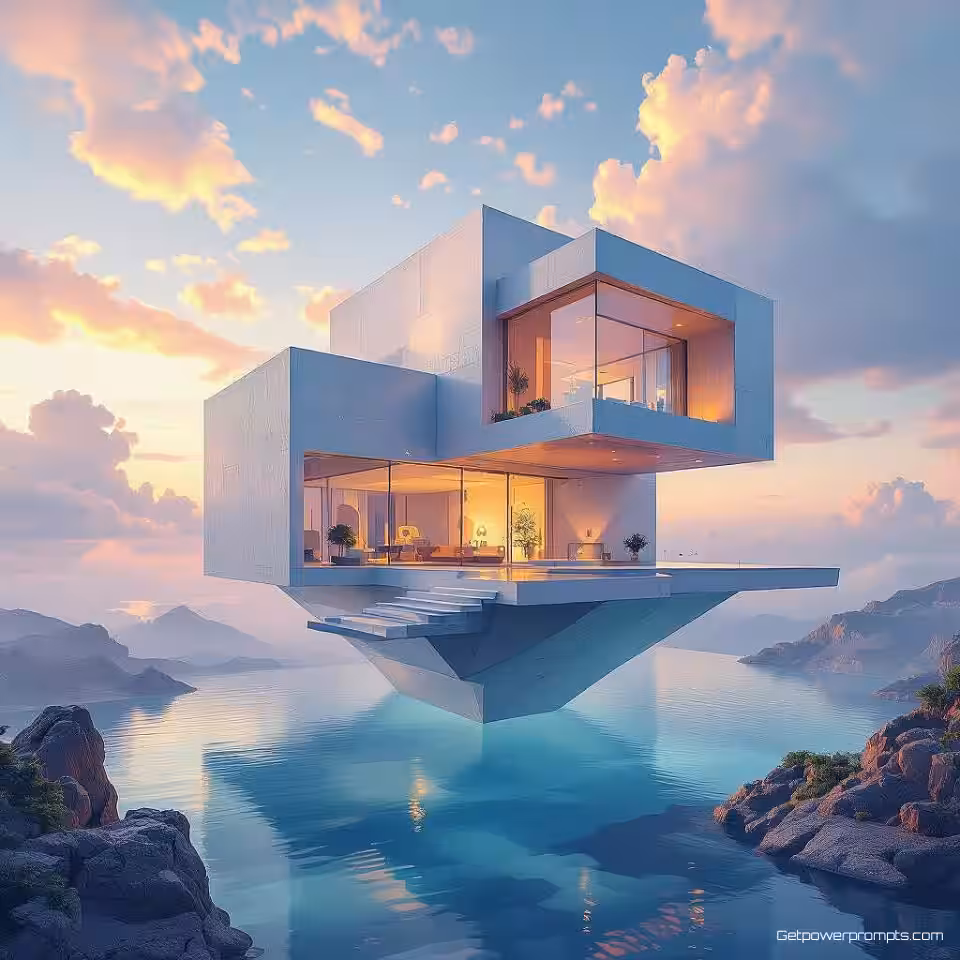 Zwevende architectuur, surreële kunst, digitale schilderkunst esthetiek, groothoek perspectief, levendige kleuren kleurenschema, dromerig atmosfeer, droomachtige elementen, galerijkwaliteit print, museumtentoonstelling gereed, professioneel digitaal kunstwerk, fantasierijke compositie, etherische belichting, artistieke visie