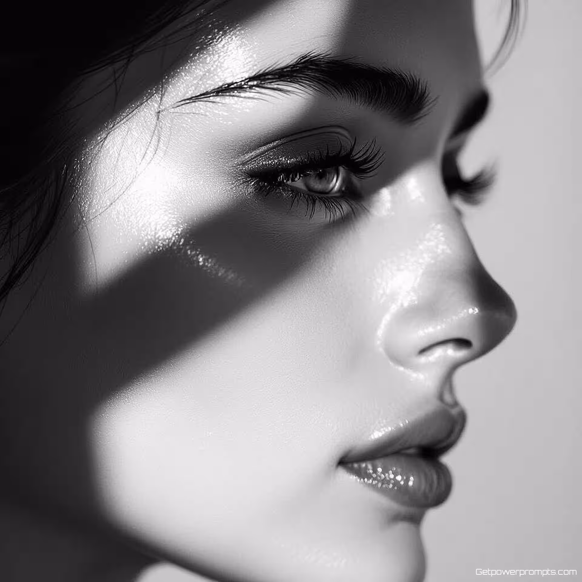 Menselijk portret, fijne kunst zwart-wit fotografie, minimalistisch esthetiek, close-up perspectief, dramatische zijbelichting belichting, dramatisch atmosfeer, monochrome tonen, hoog contrast, galerij tentoonstellingskwaliteit, tijdloze artistieke expressie, dramatische schaduwen, getextureerde details