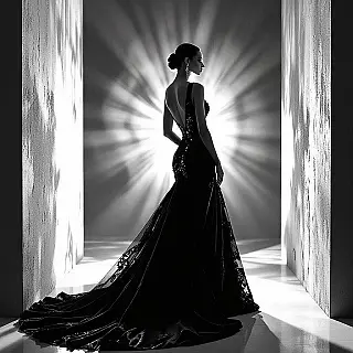 Haute couture avondjurk, fine art modefotografie, redactionele mode esthetiek, volledige lengte portret perspectief, dramatische studio belichting belichting, dramatische sfeer atmosfeer, monochroom palet tonen, redactionele mode, artistieke styling, galerij tentoonstellingskwaliteit, dramatische modevertelling, couture presentatie