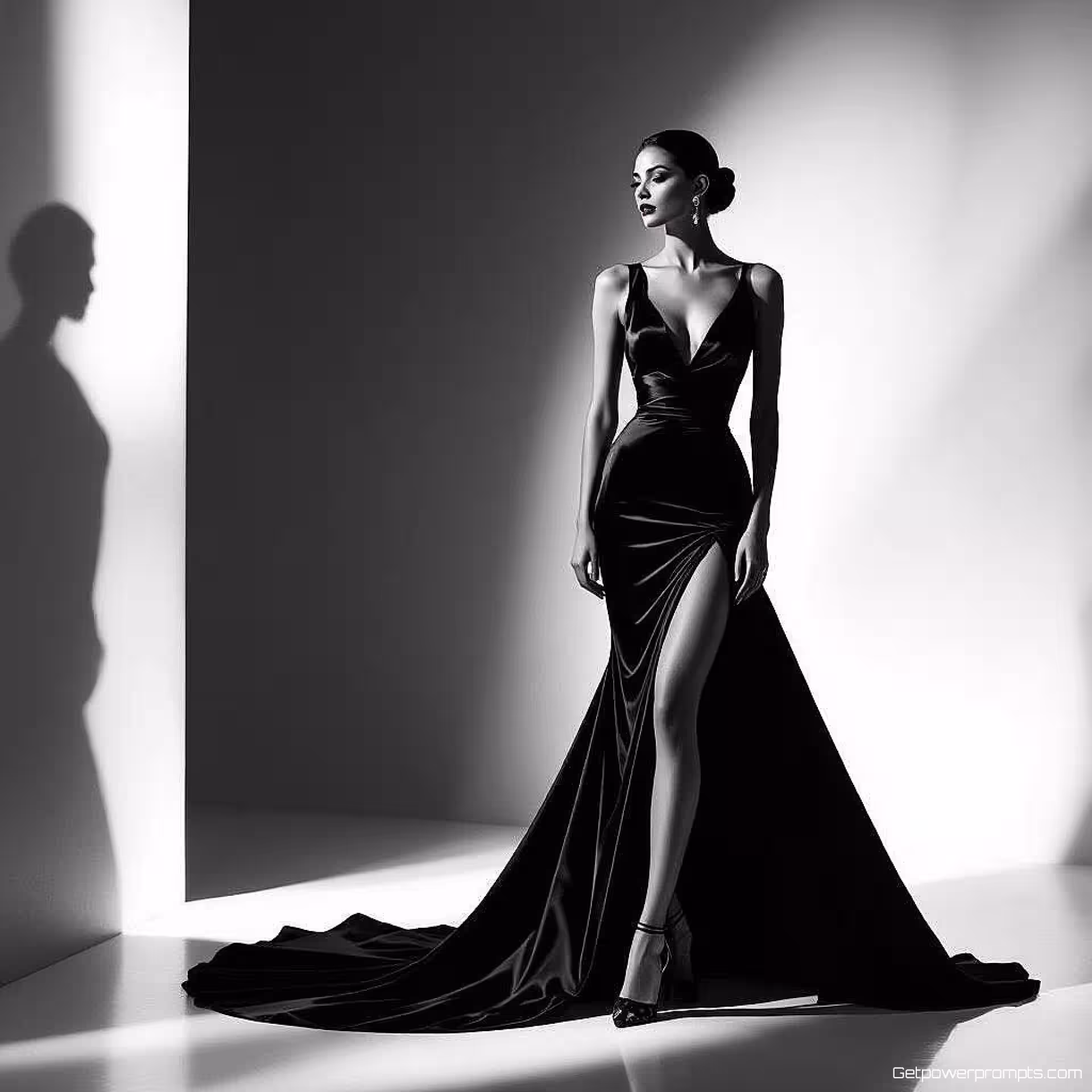 Elegant mode model, fine art modefotografie, redactionele mode esthetiek, volledige lengte portret perspectief, dramatische studio belichting belichting, dramatische sfeer atmosfeer, monochroom palet tonen, redactionele mode, artistieke styling, galerij tentoonstellingskwaliteit, dramatische modevertelling, couture presentatie