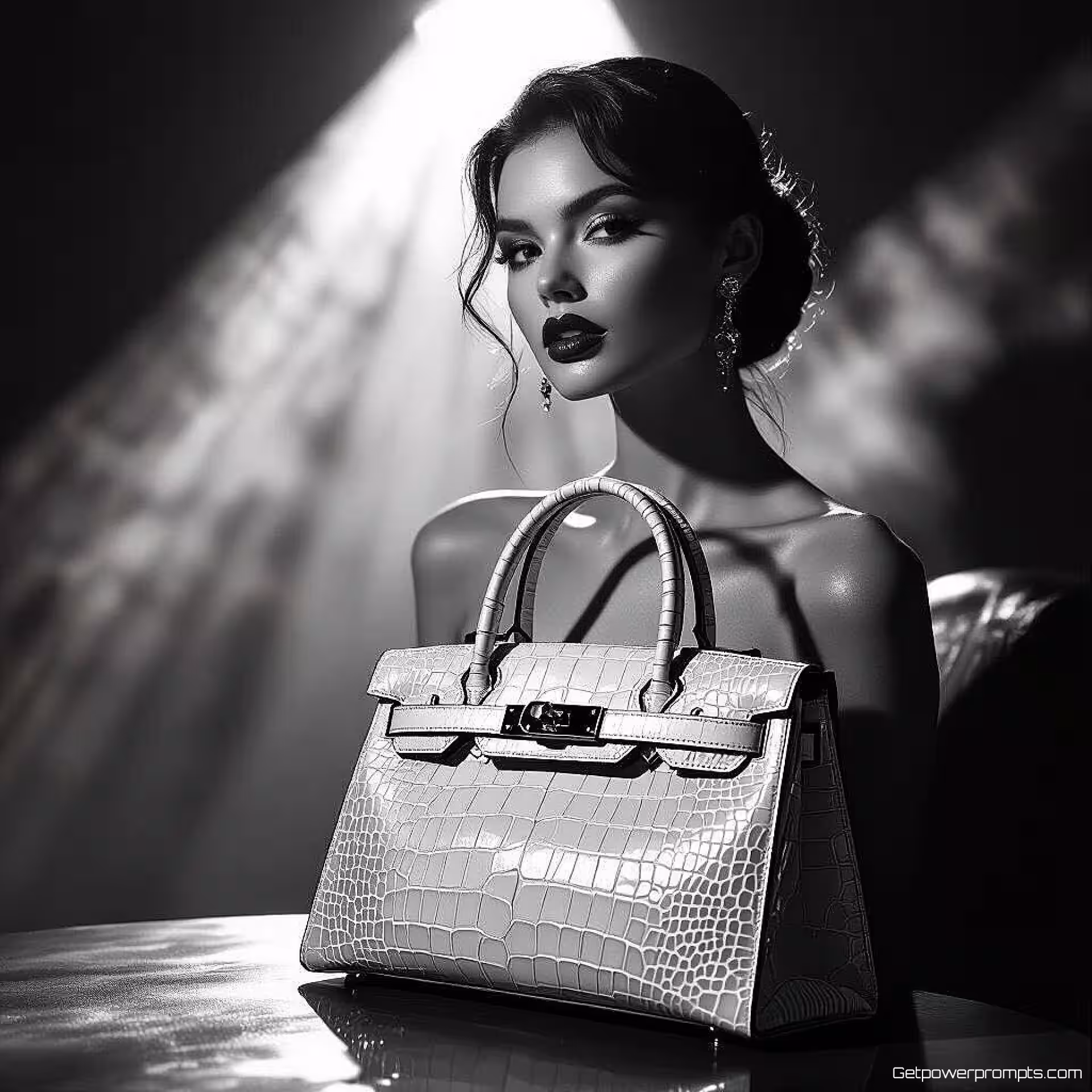 Luxe designer handtas, fine art modefotografie, redactionele mode esthetiek, volledige lengte portret perspectief, dramatische studio belichting belichting, dramatische sfeer atmosfeer, monochroom palet tonen, redactionele mode, artistieke styling, galerij tentoonstellingskwaliteit, dramatische modevertelling, couture presentatie