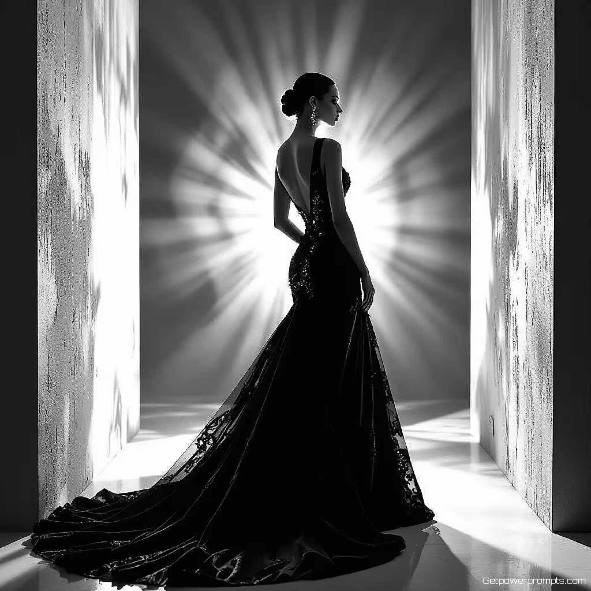 Haute couture avondjurk, fine art modefotografie, redactionele mode esthetiek, volledige lengte portret perspectief, dramatische studio belichting belichting, dramatische sfeer atmosfeer, monochroom palet tonen, redactionele mode, artistieke styling, galerij tentoonstellingskwaliteit, dramatische modevertelling, couture presentatie