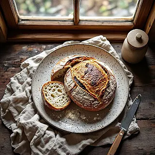Ambachtelijk zuurdesembrood, fijnkunstige voedselfotografie, minimalistisch esthetiek, bovenaanzicht perspectief, natuurlijk raamlicht belichting, gezellig atmosfeer, warme aardtinten tonen, artistieke culinaire presentatie, galerij-kwaliteit, redactionele stijl, natuurlijke texturen, verfijnde presentatie