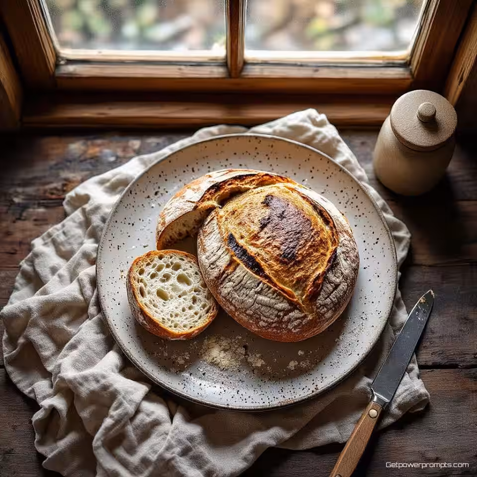Ambachtelijk zuurdesembrood, fijnkunstige voedselfotografie, minimalistisch esthetiek, bovenaanzicht perspectief, natuurlijk raamlicht belichting, gezellig atmosfeer, warme aardtinten tonen, artistieke culinaire presentatie, galerij-kwaliteit, redactionele stijl, natuurlijke texturen, verfijnde presentatie
