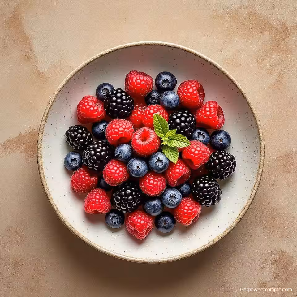 Gemengde verse bessen, fijnkunstige voedselfotografie, minimalistisch esthetiek, bovenaanzicht perspectief, natuurlijk raamlicht belichting, gezellig atmosfeer, warme aardtinten tonen, artistieke culinaire presentatie, galerij-kwaliteit, redactionele stijl, natuurlijke texturen, verfijnde presentatie