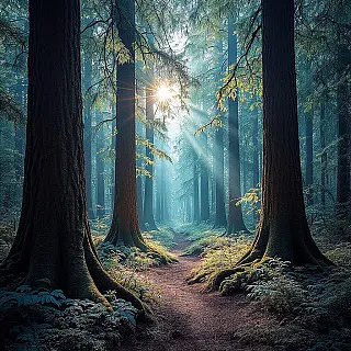 Oud bos met bomen, fijne kunst infraroodfotografie, surrealistisch esthetiek, groothoek perspectief, fel zonlicht verlichting, dromerig atmosfeer, infrarood kleuren tonen, etherisch lichtspectrum, galerij tentoonstellingskwaliteit, surrealistische kleurentransformatie, buitenaards visueel effect