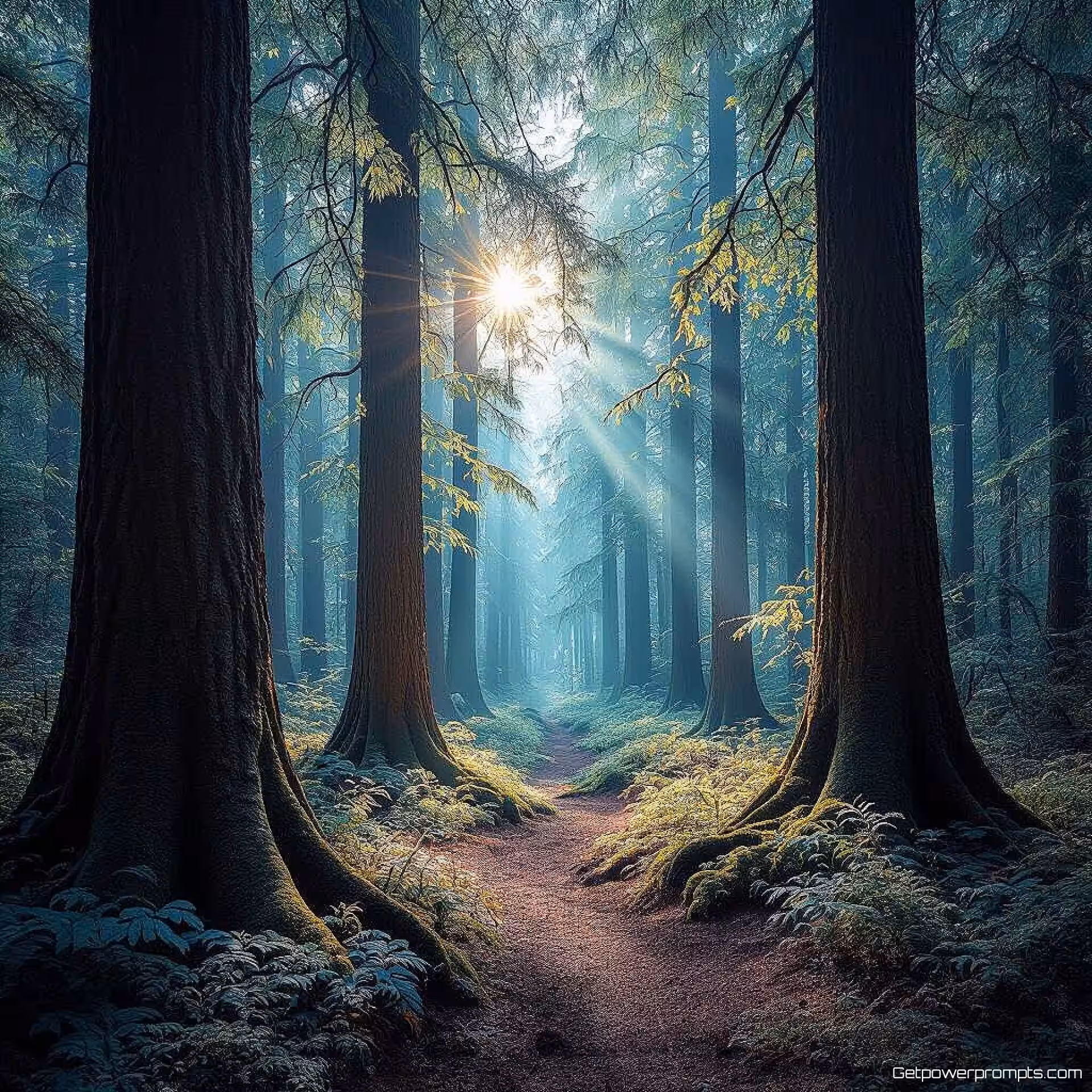 Oud bos met bomen, fijne kunst infraroodfotografie, surrealistisch esthetiek, groothoek perspectief, fel zonlicht verlichting, dromerig atmosfeer, infrarood kleuren tonen, etherisch lichtspectrum, galerij tentoonstellingskwaliteit, surrealistische kleurentransformatie, buitenaards visueel effect