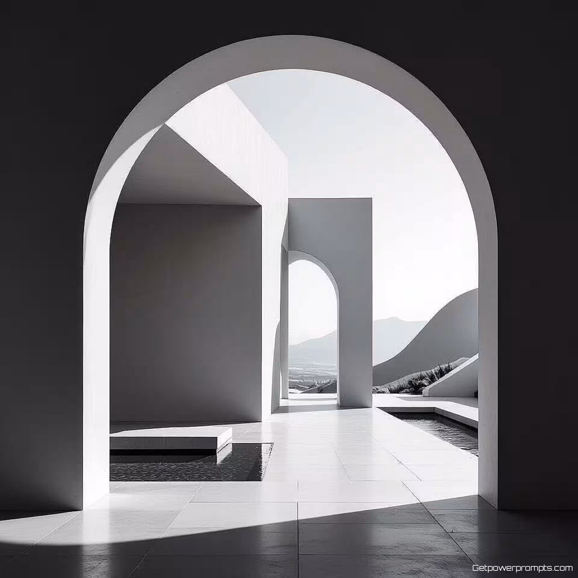 Architectonisch detail, minimalistische fotokunst, hedendaags esthetiek, gecentreerd perspectief, zacht natuurlijk licht belichting, sereniteit atmosfeer, monochroom tonen, negatieve ruimte, geometrische eenvoud, galerij tentoonstellingskwaliteit, essentiële vormen, gereduceerde elementen, artistieke zuiverheid