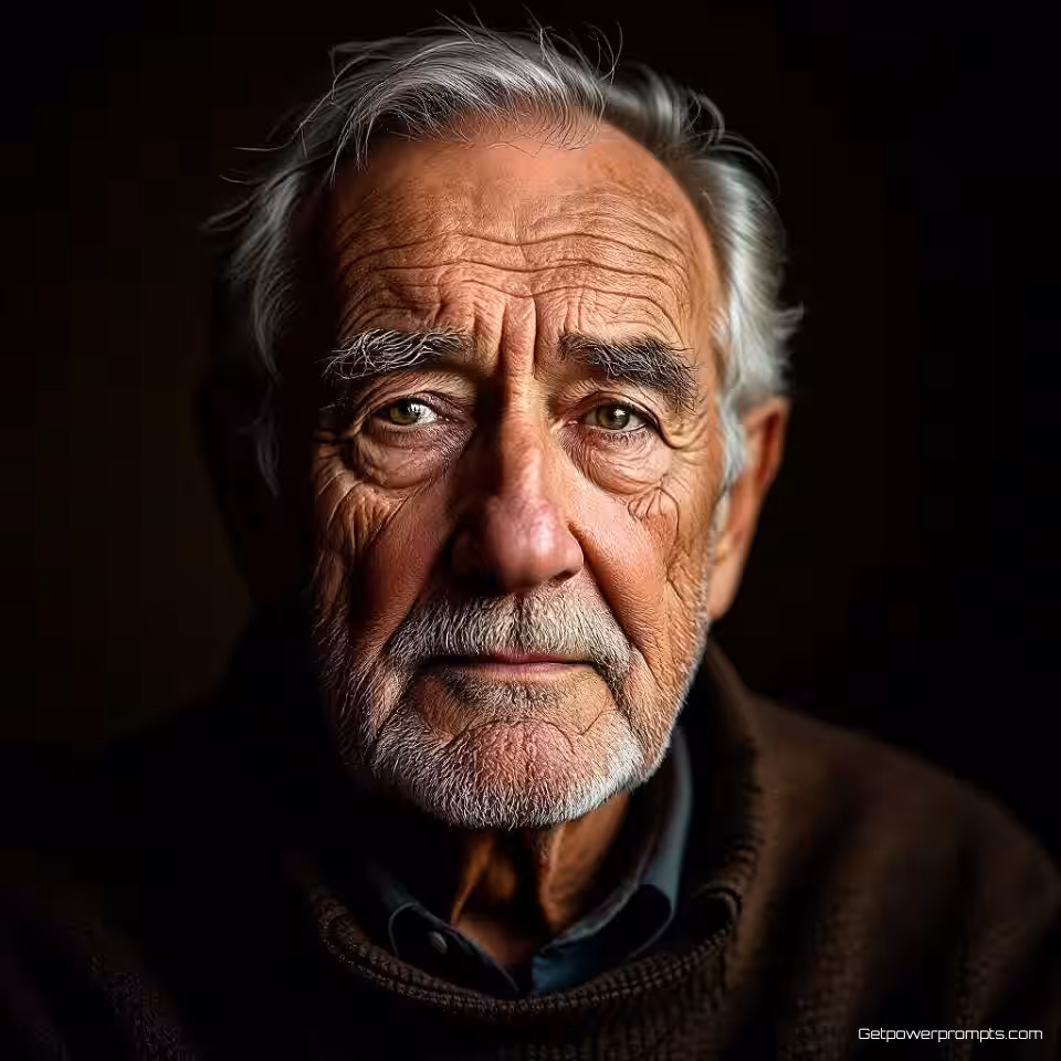 Oudere man met karakterlijnen, fotografie van fijne kunst portretten, klassieke schilderstijl esthetiek, close-up portret perspectief, dramatische clair-obscur belichting belichting, melancholische sfeer atmosfeer, artistieke expressie, galerij kwaliteit, emotionele diepte, warme gouden tonen tonen
