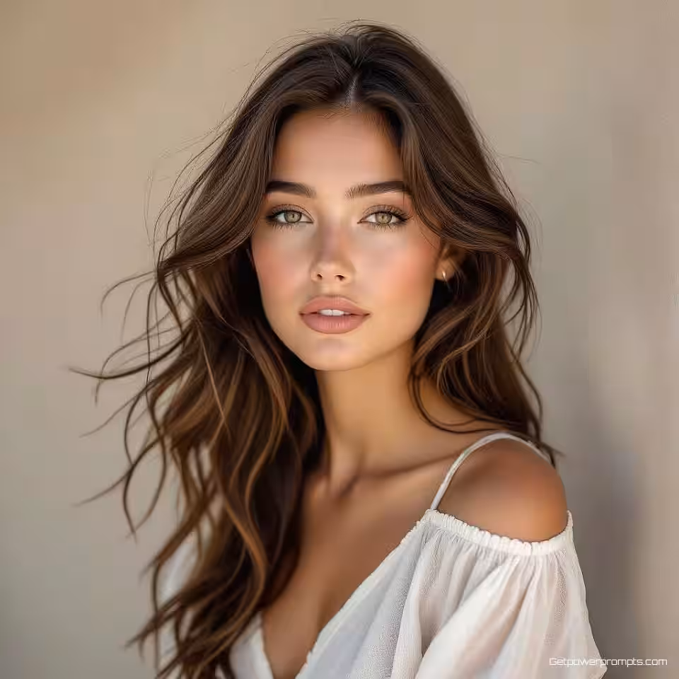 Jonge vrouw met golvend haar, fotografie van fijne kunst portretten, moderne fijne kunst esthetiek, close-up portret perspectief, dramatische clair-obscur belichting belichting, melancholische sfeer atmosfeer, artistieke expressie, galerij kwaliteit, emotionele diepte, warme gouden tonen tonen