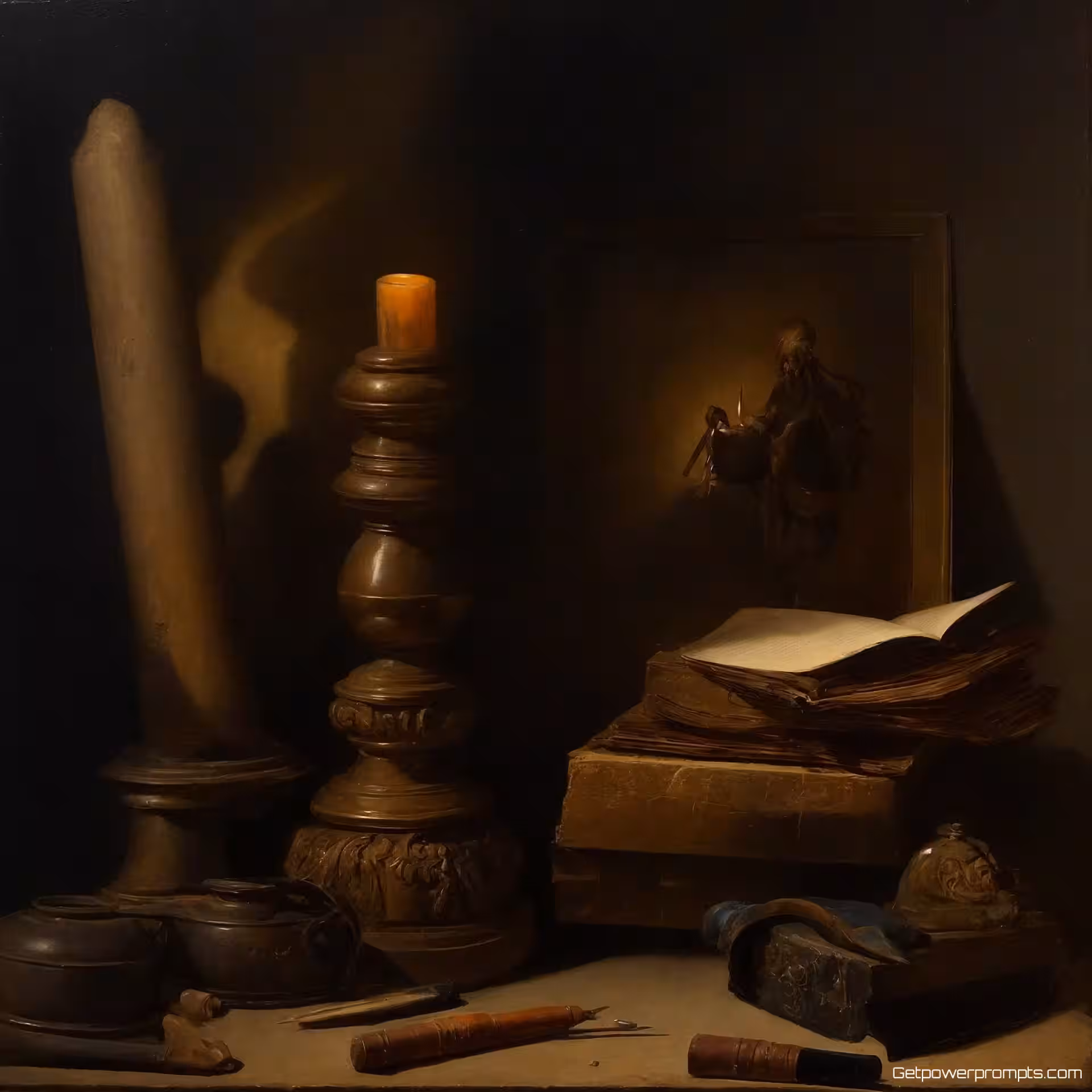 antieke boeken en kaars, fijne kunst stilleven fotografie, oude meester schilderij esthetiek, gecentreerde compositie perspectief, clair-obscur verlichting verlichting, rustig en vredig atmosfeer, artistieke opstelling, museumkwaliteit, galerijpresentatie
