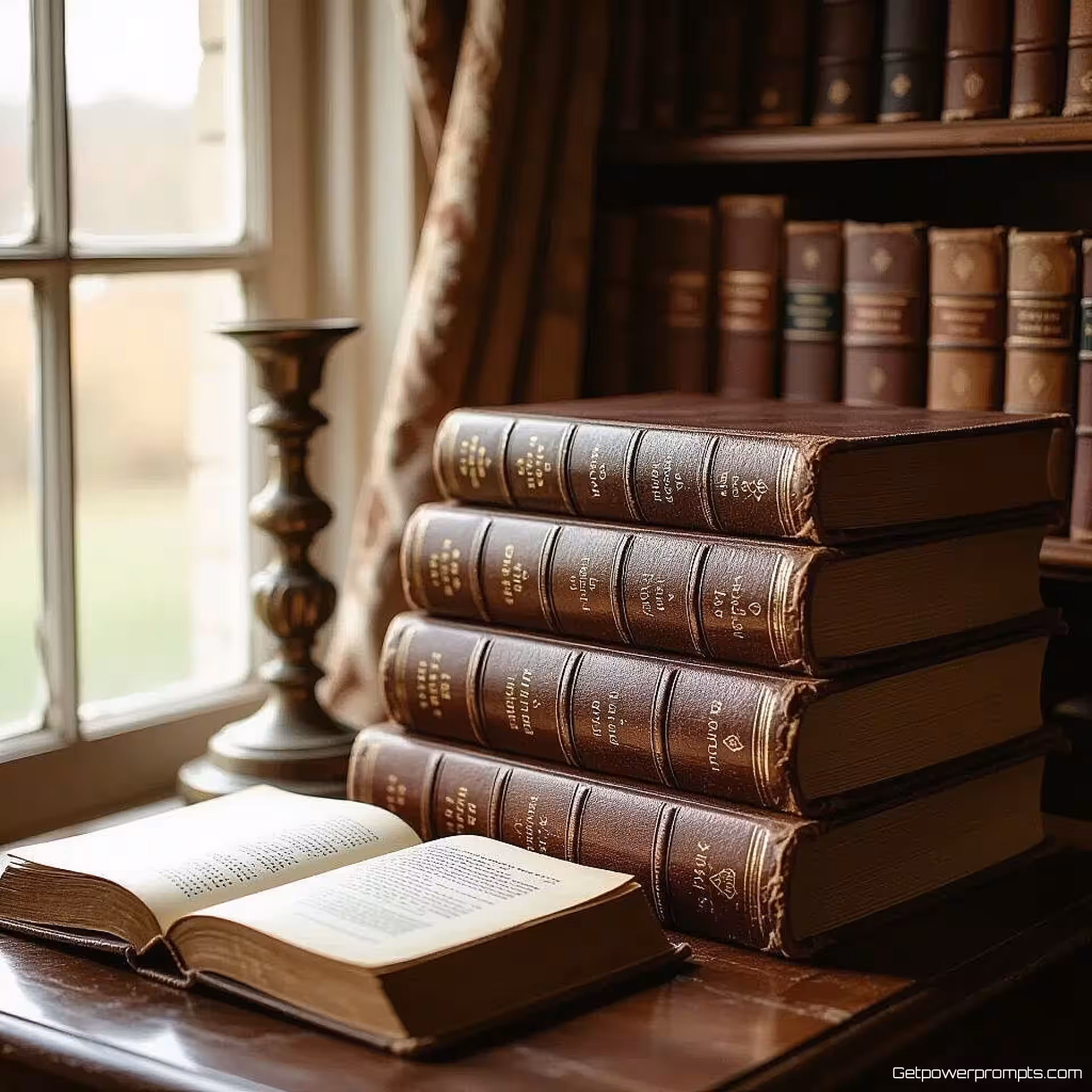 Oude leren gebonden boeken, fijne kunst stilleven fotografie, klassieke schilderstijl esthetiek, close-up perspectief perspectief, zacht natuurlijk licht verlichting, nostalgische sfeer atmosfeer, aarden tonen palet tonen, nostalgische opstelling, museumkwaliteit presentatie, tijdloze elegantie, delicate texturen, gecureerde vintage collectie