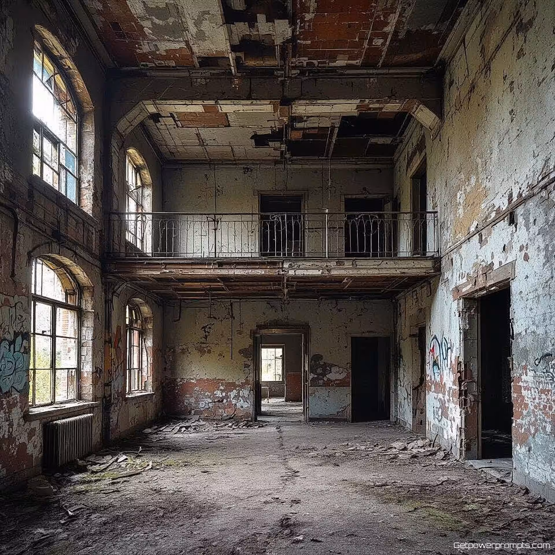 Vervallen stedelijk gebouw, fijne kunst stedelijke verkenning fotografie, fotorealistisch esthetiek, groothoek perspectief, dramatisch verlichting, somber atmosfeer, aards tonen, verlaten architectuur, artistieke verval documentatie, galerij tentoonstellingskwaliteit, atmosferische stedelijke omgeving, vergeten ruimtes, textuurrijke oppervlakken