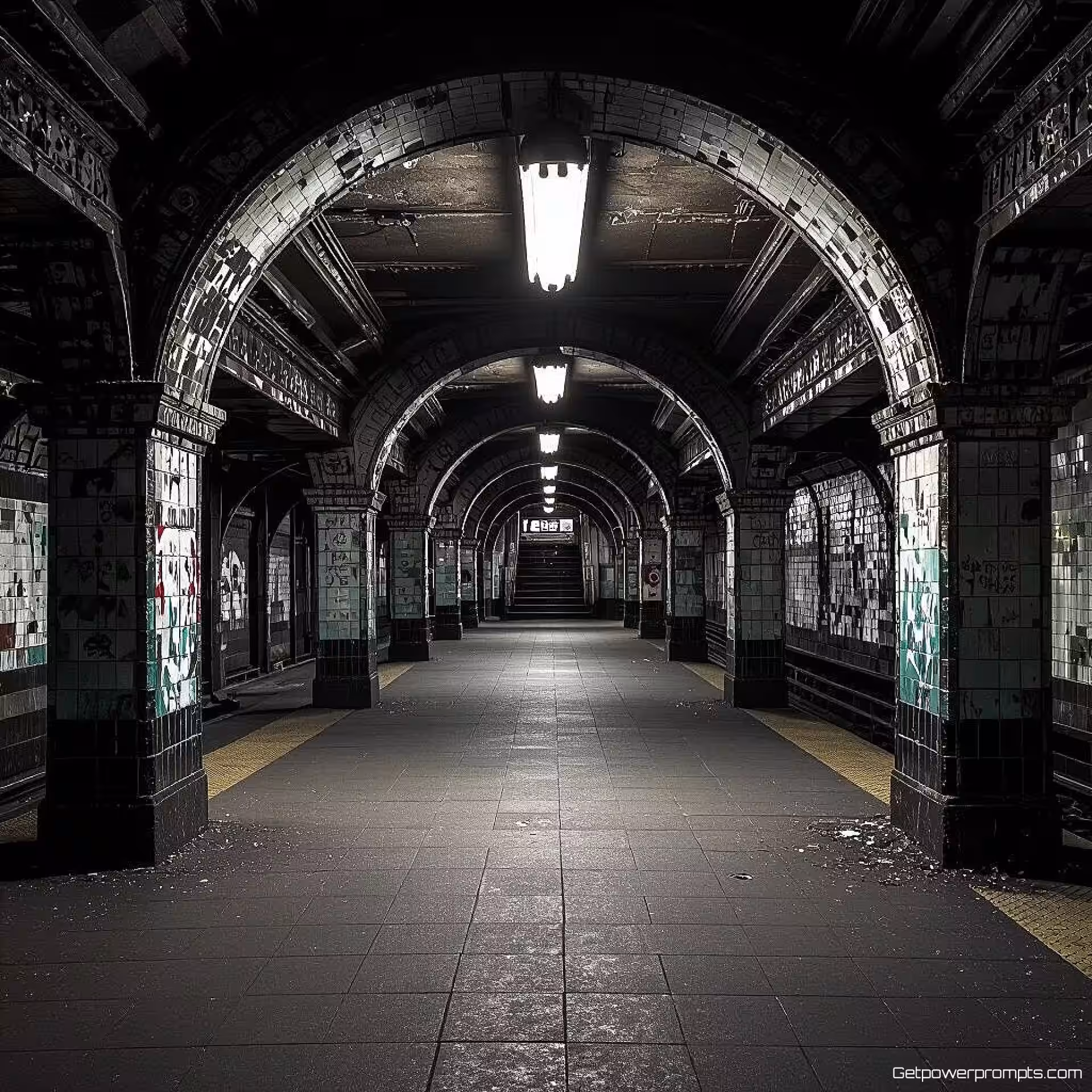 Vergeten metrostation, fijne kunst stedelijke verkenning fotografie, fotorealistisch esthetiek, groothoek perspectief, dramatisch verlichting, somber atmosfeer, aards tonen, verlaten architectuur, artistieke verval documentatie, galerij tentoonstellingskwaliteit, atmosferische stedelijke omgeving, vergeten ruimtes, textuurrijke oppervlakken