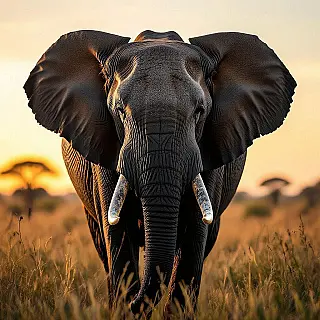 Afrikaanse olifant, fijne kunst wildlife fotografie, fotorealistisch esthetiek, close-up portret perspectief, gouden uur belichting, serieus atmosfeer, aards tonen, artistiek dierenportret, natuurlijke habitat, galerij tentoonstellingskwaliteit, emotionele verbinding met de natuur