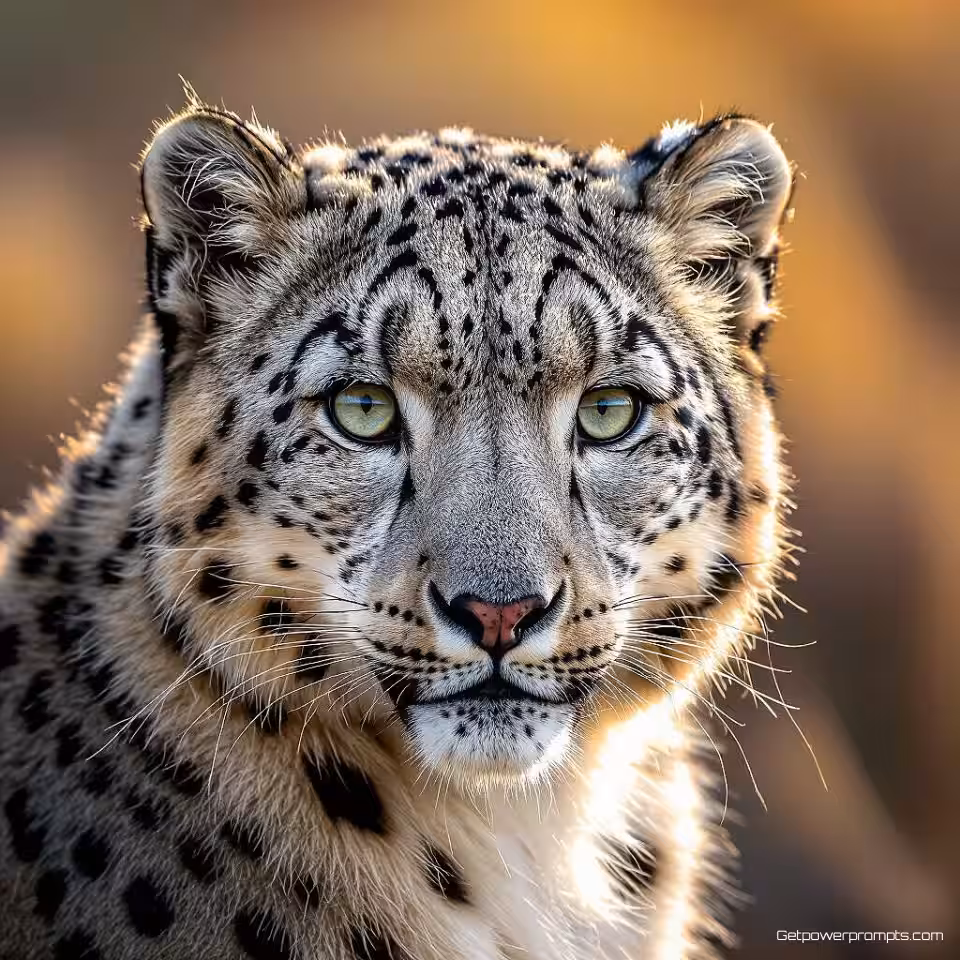 Sneeuwluipaard, fijne kunst wildlife fotografie, fotorealistisch esthetiek, close-up portret perspectief, gouden uur belichting, serieus atmosfeer, aards tonen, artistiek dierenportret, natuurlijke habitat, galerij tentoonstellingskwaliteit, emotionele verbinding met de natuur