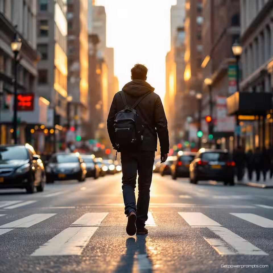 Forens die door de stad loopt, stadsstraatfotografie, documentaire stijl esthetiek, breed straataanzicht perspectief, gouden uur licht belichting, levendige sfeer atmosfeer, spontaan moment, authentiek straatleven, documentaire stijl, natuurlijke omgeving