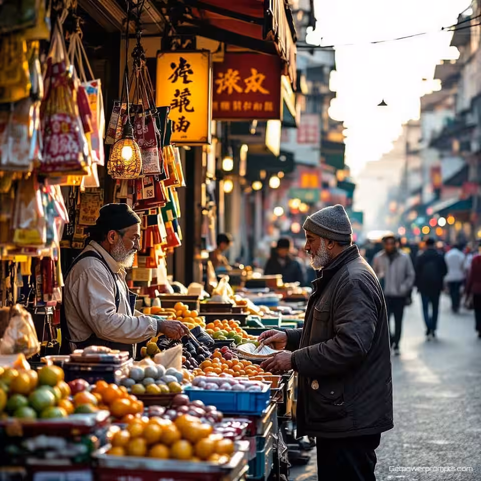 Marktverkoper die goederen verkoopt, stadsstraatfotografie, documentaire stijl esthetiek, breed straataanzicht perspectief, gouden uur licht belichting, levendige sfeer atmosfeer, spontaan moment, authentiek straatleven, documentaire stijl, natuurlijke omgeving