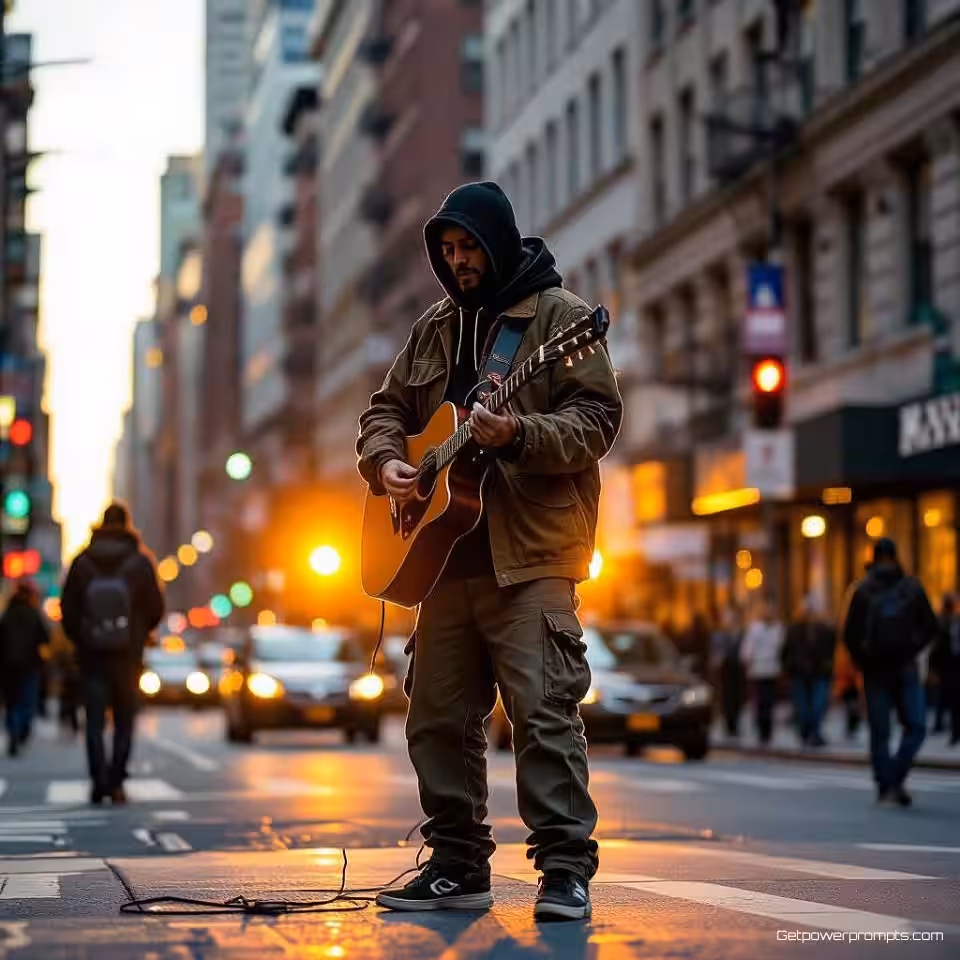 Straatartiest die optreedt, stadsstraatfotografie, documentaire stijl esthetiek, breed straataanzicht perspectief, gouden uur licht belichting, levendige sfeer atmosfeer, spontaan moment, authentiek straatleven, documentaire stijl, natuurlijke omgeving
