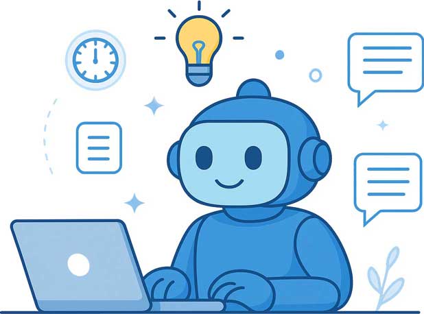Robot die op een laptop werkt