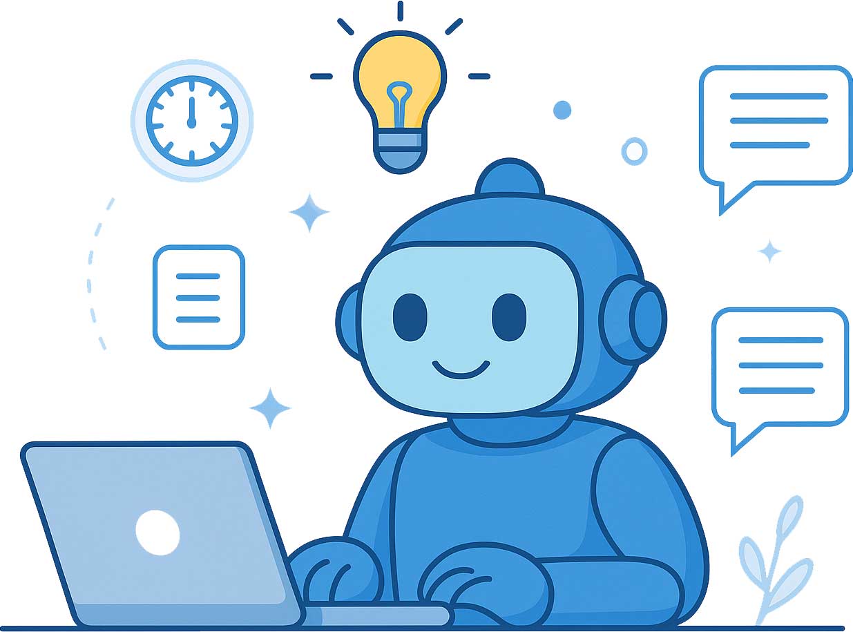 Robot die op een laptop werkt